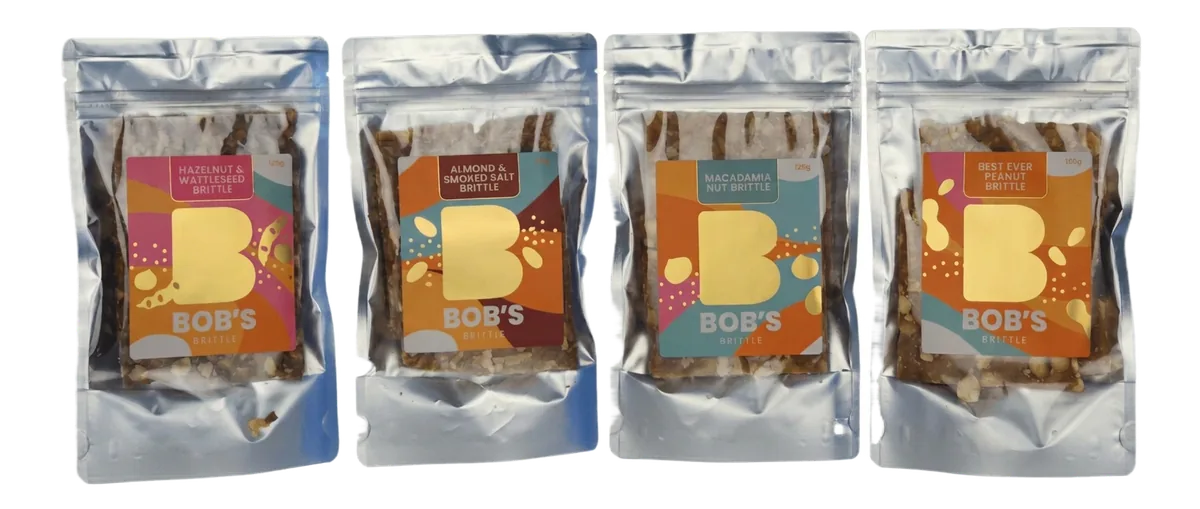 Bob's Brittle sample pack with all four 125g pouches